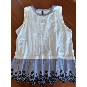 J.Crew  Sleeveless Peplum Top White Blue Stripe Embroidered Keyhole Casual Chic